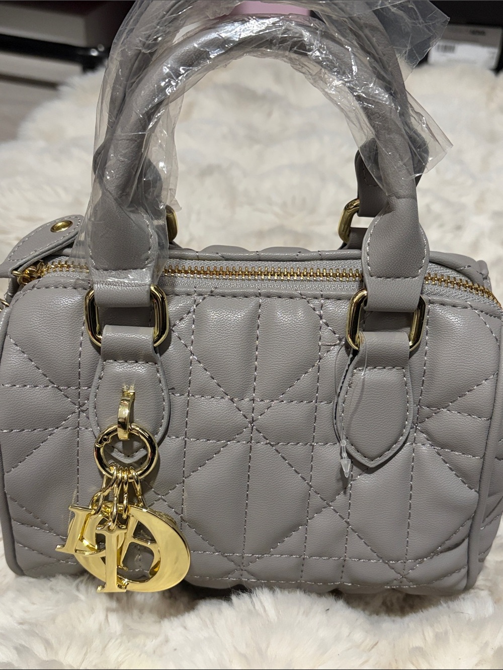 Quilted Mini Satchel in Light Gray with Gold Hardware